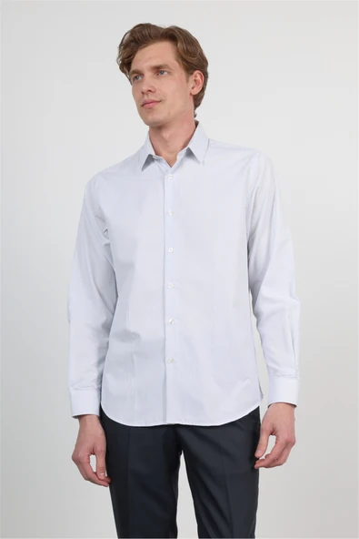 Beyaz-Mavi Sert Yaka Uzun Kol Cepsiz Slim Fit Pamuklu Gömlek 1004260210 ürün görseli 1