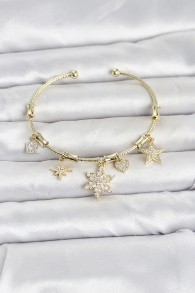 Pirinç Gold Renk Lotus Detay Charmlı Kadın Bileklik TJ-BB8503 ürün görseli 1