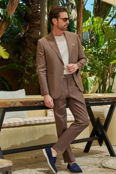 Kahverengi Mono Yaka Keten 6 Drop Slim Fit Yarım Astar %100 Keten Takım Elbise 1001260164 ürün görseli 1