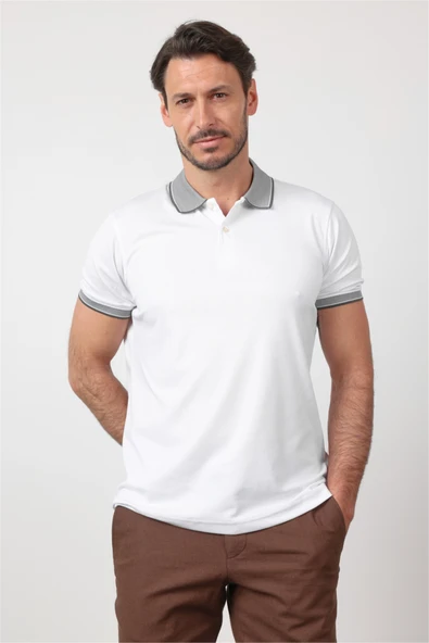 Beyaz Polo Yaka Kısa Kol Cepsiz Comfort Fit Pamuklu Tişört 1011260153 ürün görseli 1