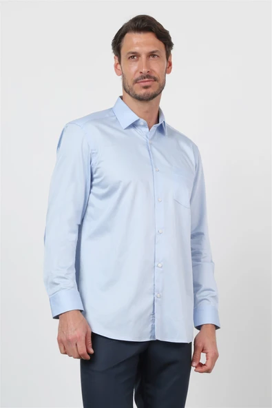 Mavi Sert Yaka Uzun Kol Cepli Saten Comfort Fit %100 Pamuk Gömlek 1004260423 ürün görseli 1