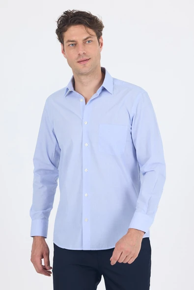 Uzun Kol Sert Yaka Düz Pamuklu Comfort Fit Gömlek 1004260002 ürün görseli 1