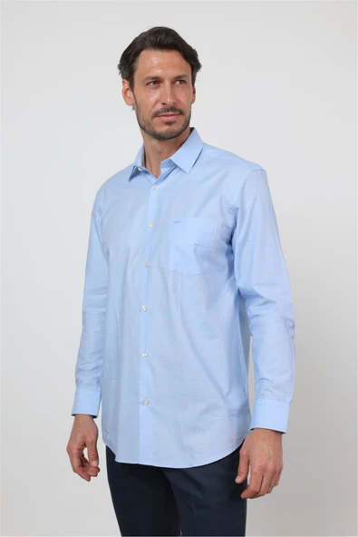 Mavi Sert Yaka Uzun Kol Cepli Comfort Fit %100 Pamuk Gömlek 1004260168 ürün görseli 1