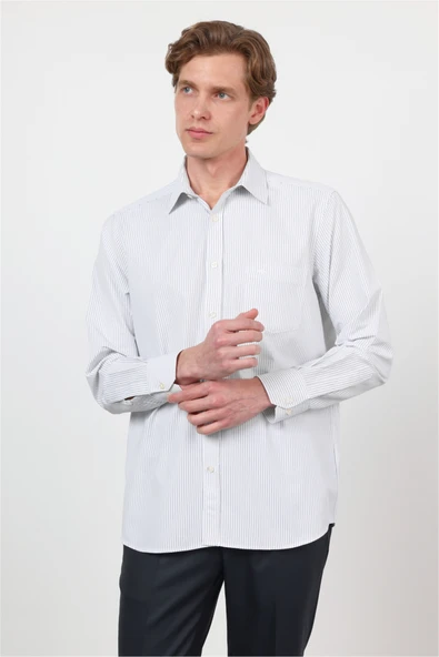 Beyaz-Siyah Sert Yaka Uzun Kol Cepli Comfort Fit Pamuklu Gömlek 1004260222 ürün görseli 1