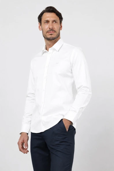 Beyaz Sert Yaka Uzun Kol Cepsiz Saten Slim Fit %100 Pamuk Gömlek 1004260424 ürün görseli 1