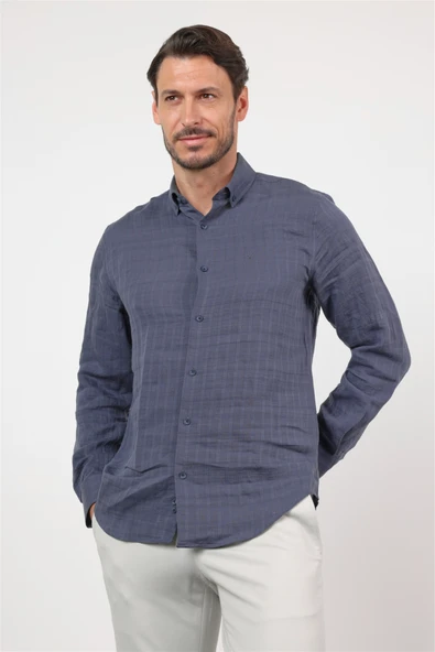 İndigo Düğmeli Yaka Uzun Kol Cepsiz Slim Fit Gömlek 1004260165 ürün görseli 1