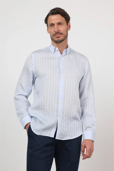 Mavi Düğmeli Yaka Uzun Kol Cepsiz Slim Fit Gömlek 1004260165 ürün görseli 1