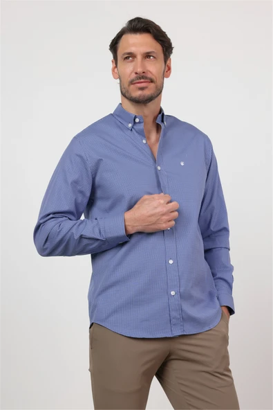 Mavi-Beyaz Düğmeli Yaka Uzun Kol Cepsiz Slim Fit %100 Pamuk Gömlek 1004260202 ürün görseli 1