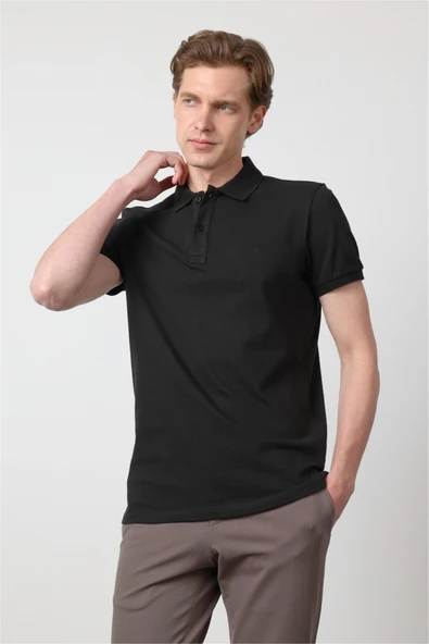 Siyah Polo Yaka Kısa Kol Cepsiz Slim Fit Pamuklu Tişört 1011260154 ürün görseli 1