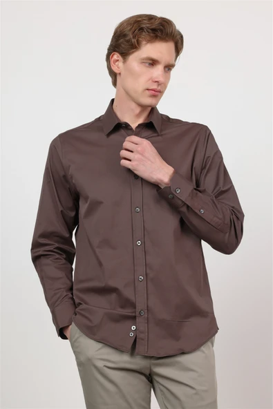 Kahverengi Sert Yaka Uzun Kol Cepsiz Slim Fit Pamuklu Gömlek 1004260213 ürün görseli 1
