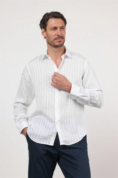 Beyaz Düğmeli Yaka Uzun Kol Cepsiz Slim Fit Gömlek 1004260165 ürün görseli 1