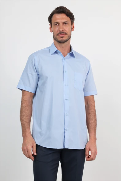 Mavi Sert Yaka Kısa Kol Cepli Comfort Fit Pamuklu Gömlek 1004260258 ürün görseli 1