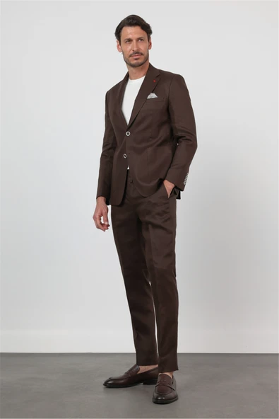 Kahverengi Mono Yaka Keten 6 Drop Slim Fit Yarım Astar %100 Keten Takım Elbise 1001260164 ürün görseli 1