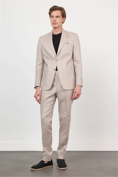 Bej Mono Yaka Keten 6 Drop Slim Fit Yarım Astar %100 Keten Takım Elbise 1001260164 ürün görseli 1