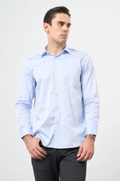 Mavi Sert Yaka Uzun Kol Cepli Comfort Fit %100 Pamuk Gömlek 1004260323 ürün görseli 1