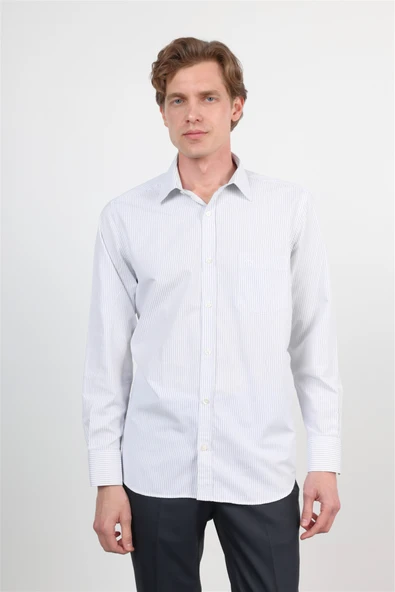 Beyaz-Lacivert Sert Yaka Uzun Kol Cepli Comfort Fit Pamuklu Gömlek 1004260222 ürün görseli 1
