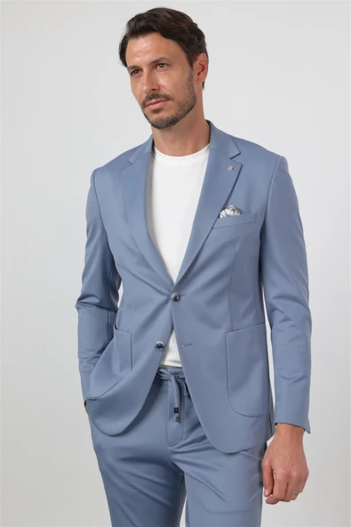 PTTAVM: Mavi Mono Yaka 6 Drop Slim Fit Esnek Beli Lastikli Takım