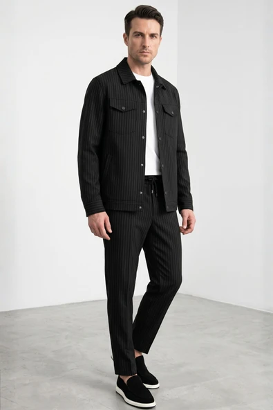 Siyah-Gri Berberi Yaka Çizgili 6 Drop Slim Fit Tam Astar Esnek Takım Elbise 1001260176 ürün görseli 1