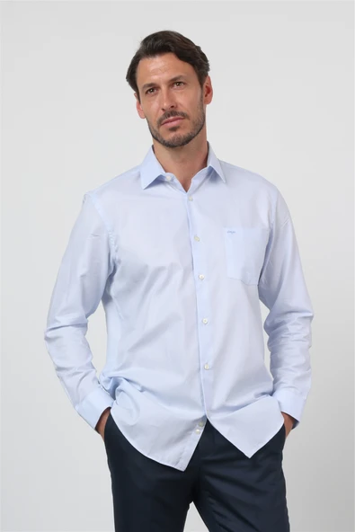 Mavi Sert Yaka Uzun Kol Cepli Comfort Fit %100 Pamuk Gömlek 1004260171 ürün görseli 1