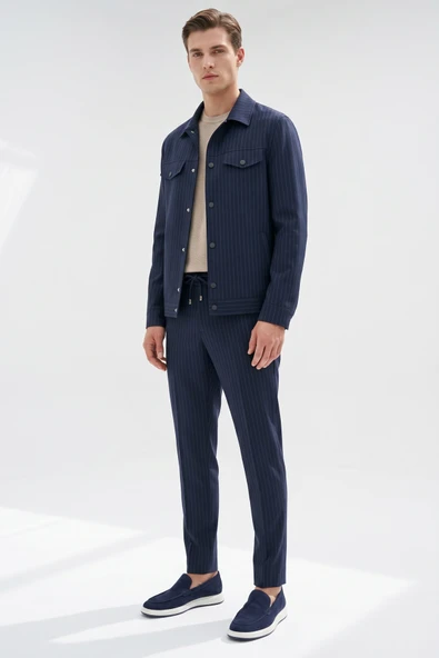 Lacivert-Gri Berberi Yaka Çizgili 6 Drop Slim Fit Tam Astar Esnek Takım Elbise 1001260176 ürün görseli 1