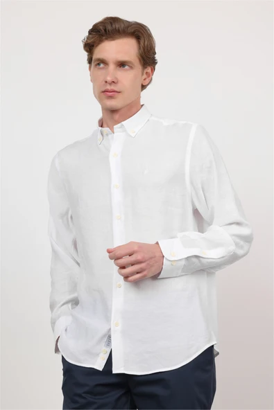 Beyaz Düğmeli Yaka Uzun Kol Cepsiz Slim Fit Modal Gömlek 1004260162 ürün görseli 1