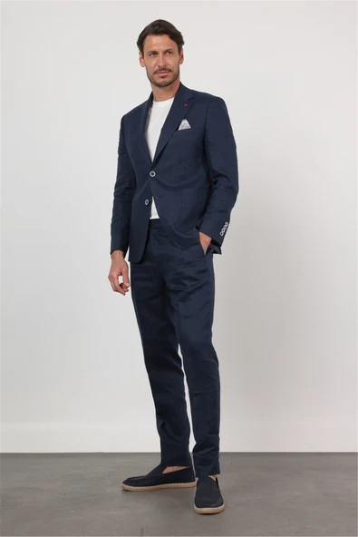 Lacivert Mono Yaka Keten 6 Drop Slim Fit Yarım Astar %100 Keten Takım Elbise 1001260164 ürün görseli 1