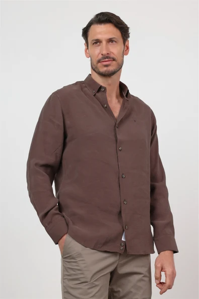 Kahverengi Düğmeli Yaka Uzun Kol Cepsiz Slim Fit Modal Gömlek 1004260162 ürün görseli 1