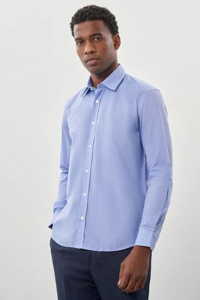 Mavi Sert Yaka Uzun Kol Filafil Slim Fit Pamuklu Gömlek 1004260008 ürün görseli 1