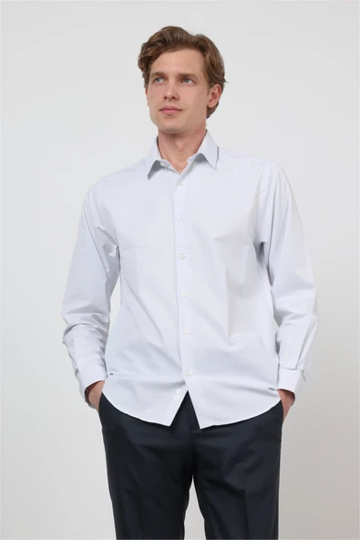 Beyaz-Mavi Sert Yaka Uzun Kol Cepsiz Slim Fit Pamuklu Gömlek 1004260210 ürün görseli 1