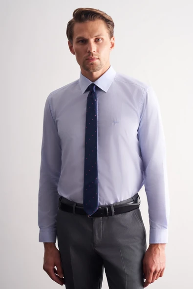 Mavi Sert Yaka Uzun Kol Filafil Slim Fit Pamuklu Gömlek 1004260008 ürün görseli 1