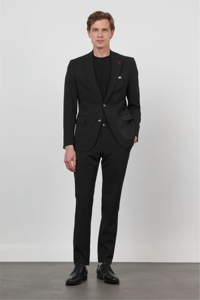 Siyah Mono Yaka 6 Drop Slim Fit Yarım Astar Esnek Takım Elbise 1001260162 ürün görseli 1