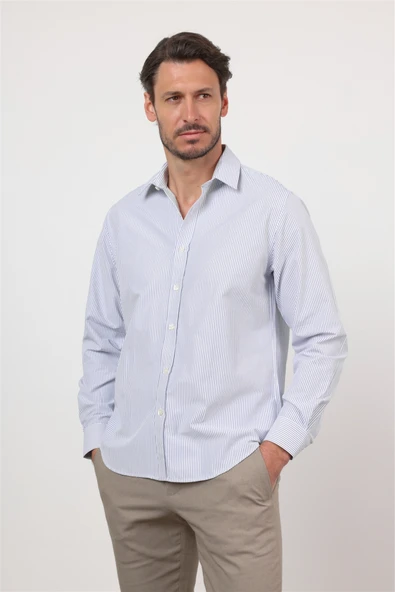 Beyaz-Lacivert Sert Yaka Uzun Kol Cepsiz Slim Fit Pamuklu Gömlek 1004260214 ürün görseli 1