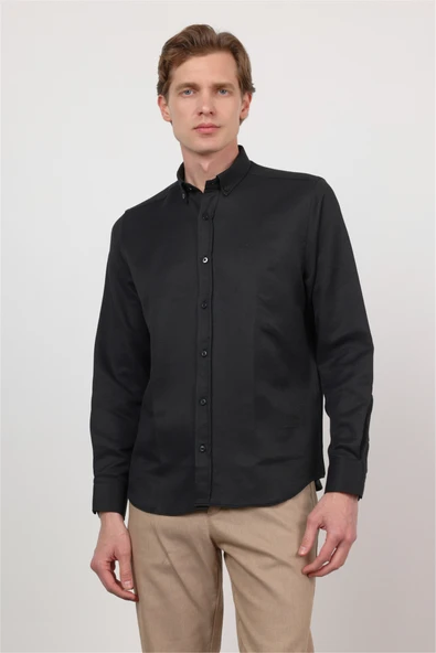 Siyah Düğmeli Yaka Uzun Kol Cepsiz Slim Fit Pamuklu Gömlek 1004260203 ürün görseli 1