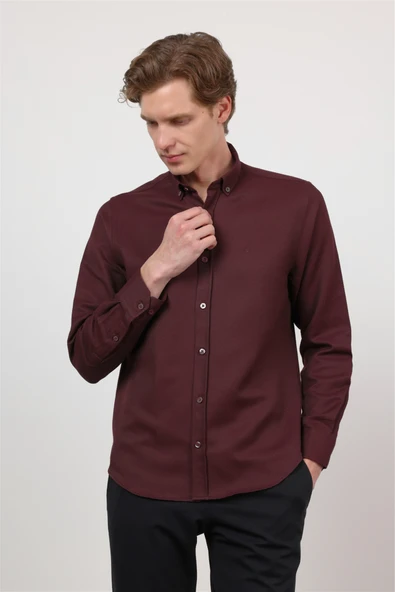 Bordo Düğmeli Yaka Uzun Kol Cepsiz Slim Fit Pamuklu Gömlek 1004260203 ürün görseli 1
