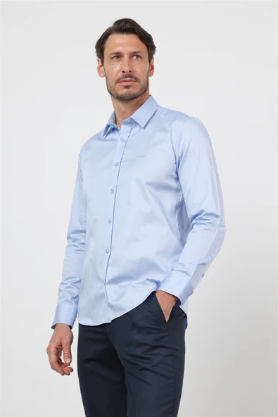 Mavi Sert Yaka Uzun Kol Cepsiz Saten Slim Fit %100 Pamuk Gömlek 1004260424 ürün görseli 1