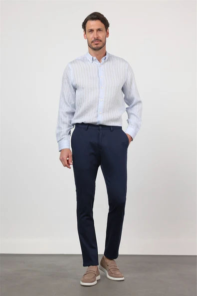 Lacivert Yan Cep Düz Paça Armürlü Slim Fit Pamuklu Chino Pantolon 1003260161 ürün görseli 1
