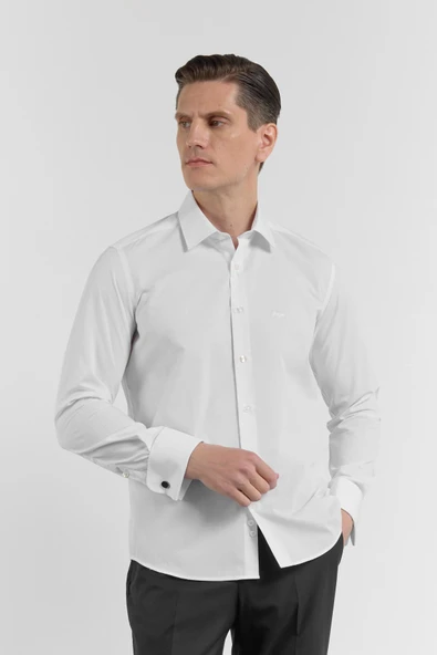 Beyaz Uzun Kol Sert Yaka Düz Pamuklu Slim Fit Gömlek 1004260059 ürün görseli 1