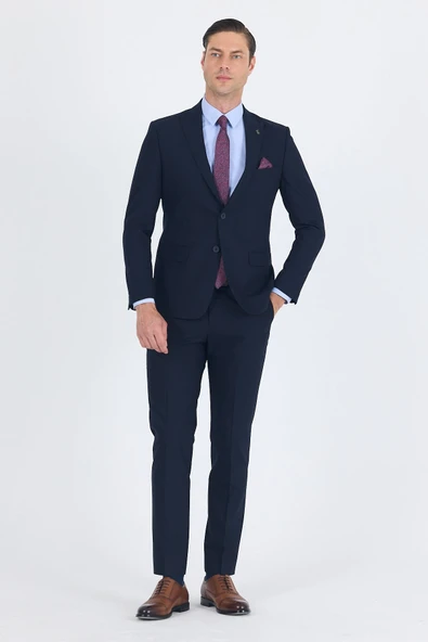 Lacivert Kırlangıç Yaka 6 Drop Slim Fit Tam Astar Esnek Takım Elbise 1001260011 ürün görseli 1