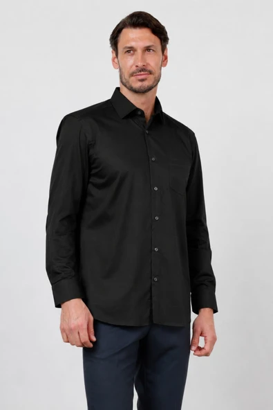 Siyah Sert Yaka Uzun Kol Cepli Saten Comfort Fit %100 Pamuk Gömlek 1004260423 ürün görseli 1