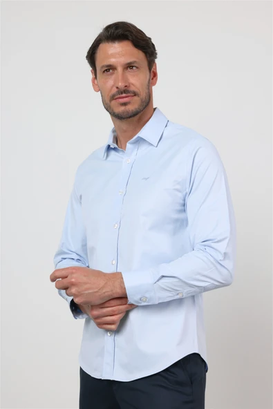 Mavi Sert Yaka Uzun Kol Cepsiz Slim Fit Pamuklu Gömlek 1004260213 ürün görseli 1