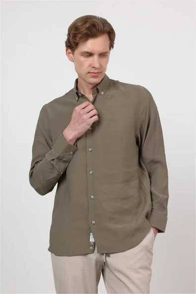 Haki Düğmeli Yaka Uzun Kol Cepsiz Slim Fit Modal Gömlek 1004260162 ürün görseli 1