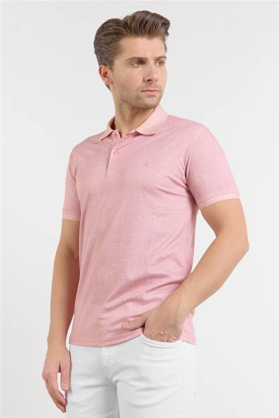 Pembe Kısa Kol Baskılı Pike Polo Yaka Cepsiz esnek Casual Slim Fit Tişört 1011250153 ürün görseli 1