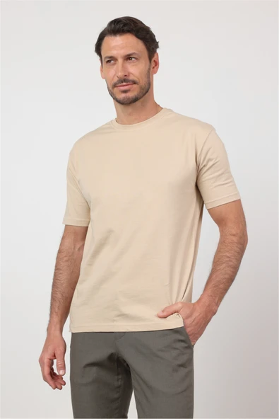 Bej Bisiklet Yaka Kısa Kol Cepsiz Slim Fit Pamuklu Tişört 1011260166 ürün görseli 1