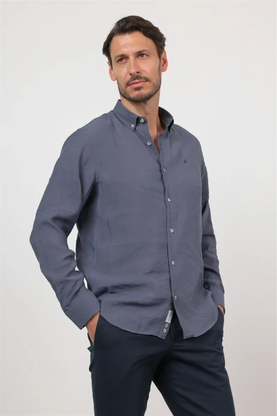 İndigo Düğmeli Yaka Uzun Kol Cepsiz Slim Fit Modal Gömlek 1004260162 ürün görseli 1