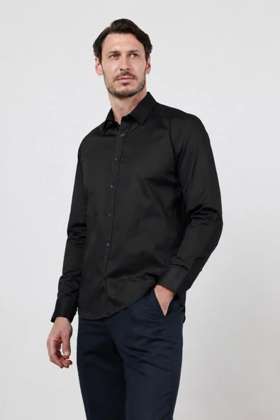 Siyah Sert Yaka Uzun Kol Cepsiz Saten Slim Fit %100 Pamuk Gömlek 1004260424 ürün görseli 1