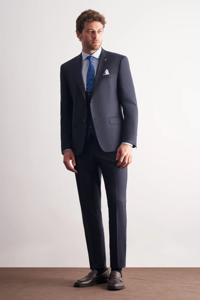 Lacivert Mono Yaka Yelekli 6 Drop Slim Fit Tam Astar Esnek Takım Elbise 1001260186 ürün görseli 1