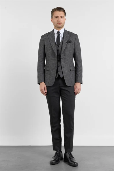 Siyah-Antrasit Mono Yaka 6 Drop Slim Fit Tam Astar Keten Karışımlı Takım Elbise 1001260150 ürün görseli 1