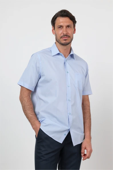 Mavi Sert Yaka Kısa Kol Cepli Comfort Fit Pamuklu Gömlek 1004260258 ürün görseli 1