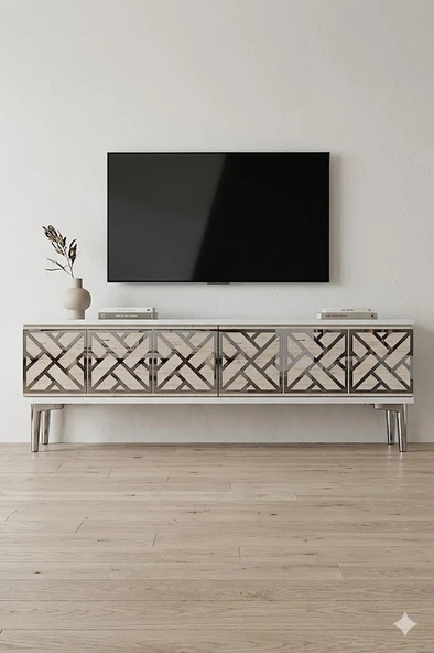 TSA1238BTS AREX Tv Sehpası Beyaz-Traverten-Silver 120cm ürün görseli 1