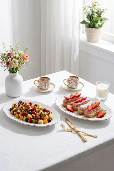 Porsima 4451 Yonca Porselen Platin Fileli Kayık Tabak Seti - Oval Kahvaltılık Sunumluk Seti 30cm ürün görseli 1